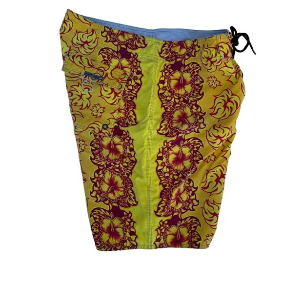 Quiksilver Sz 38 Hawaiian Swim Board Shorts Hibiscus Floral Yellow Orange - Picture 9 of 16